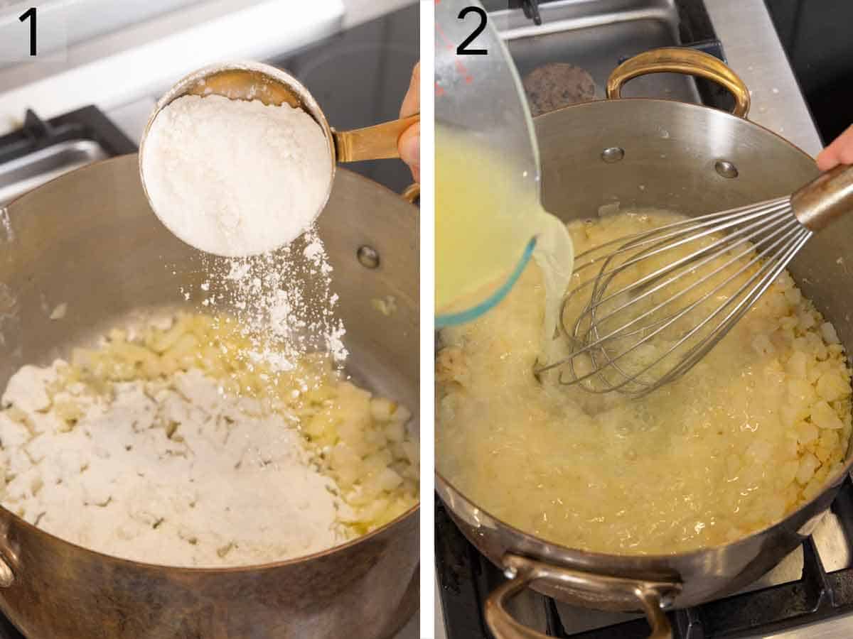 Set of two photos showing flour added to a pot with onions and then broth whisked in.