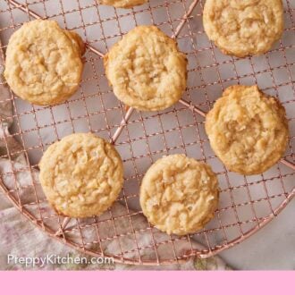 Pinterest graphic of a cooling rack with coconut cookies.