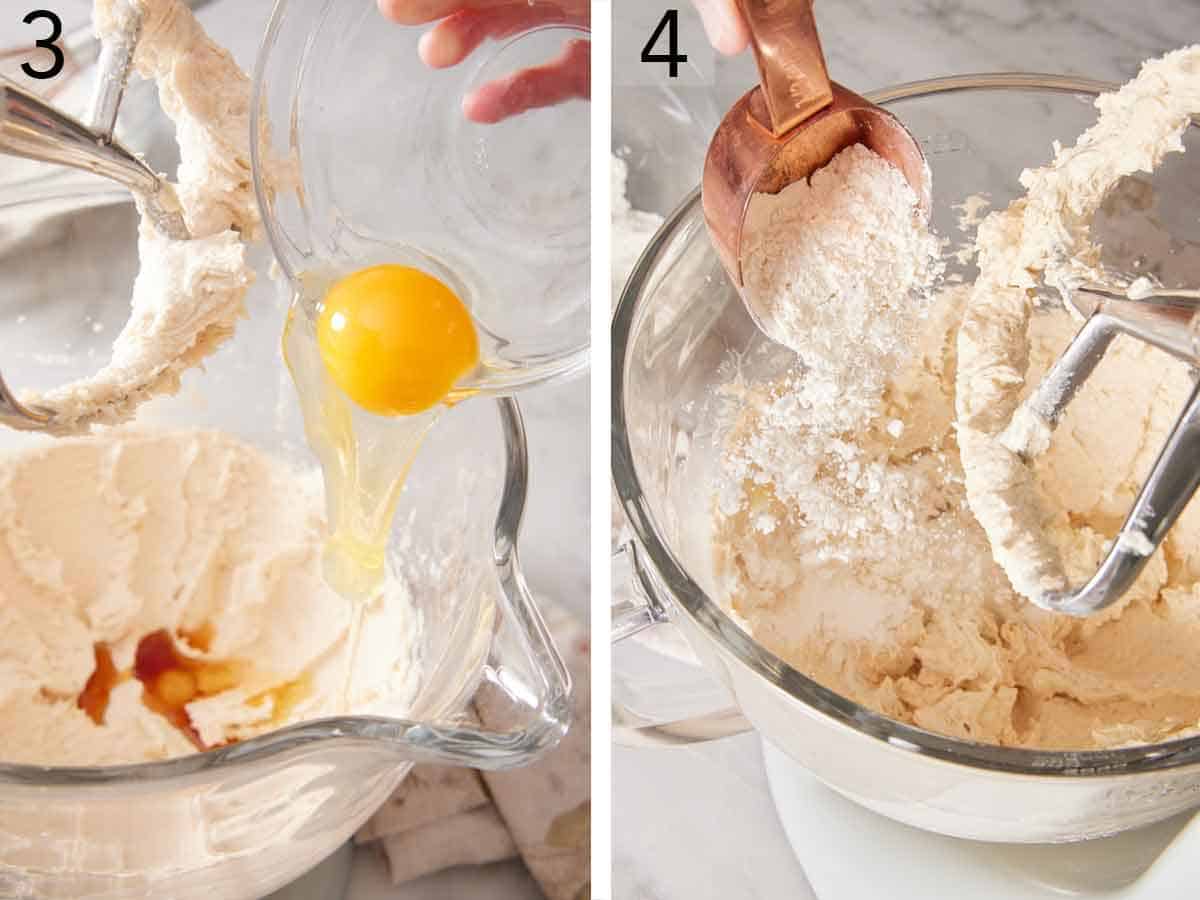 Set of two photos showing egg and flour added to the mixer.