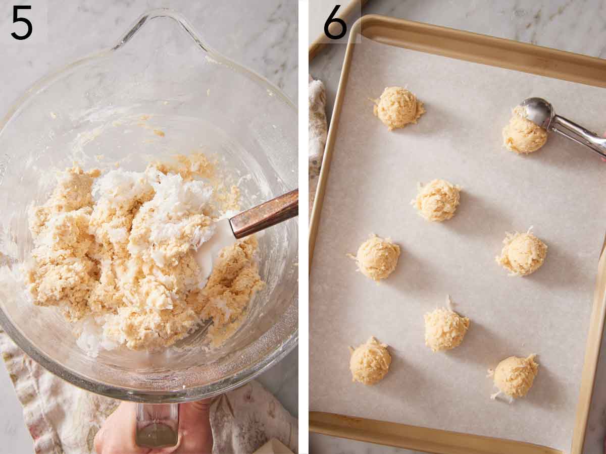 Set of two photos showing shredded coconut folded into the cookie batter then scooped onto a lined sheet pan.