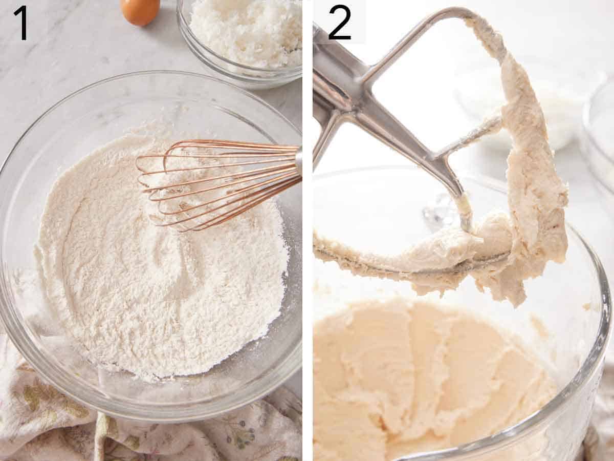 Set of two photos showing dry ingredients whisked in a bowl and butter mixed with sugar in a mixer.