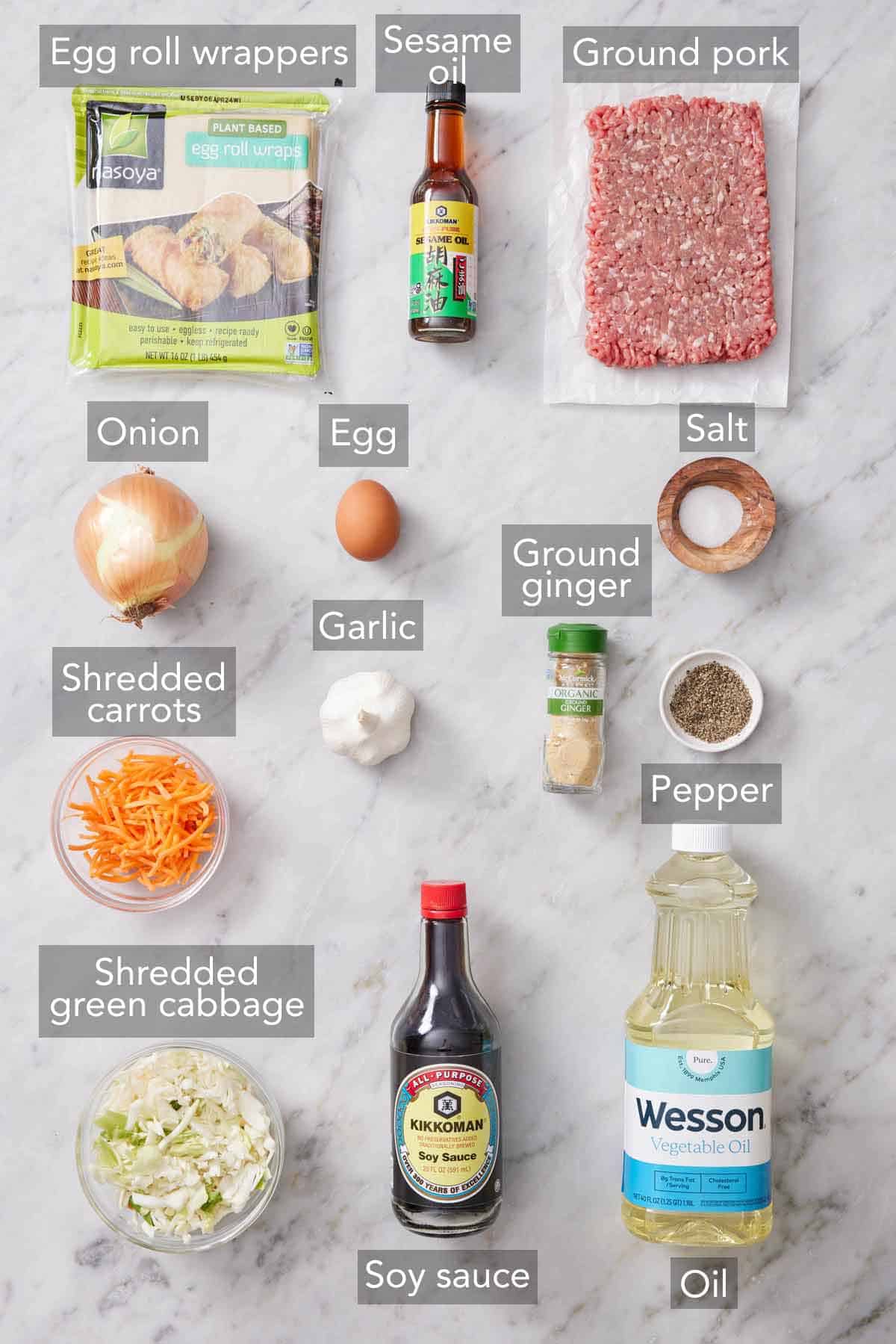 Ingredients needed to make egg rolls.