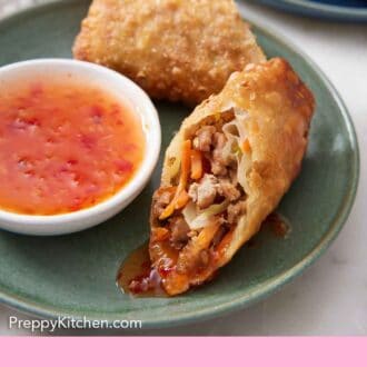 Pinterest graphic of a plate with an egg roll cut in half with some sauce on it with the bowl of sauce on the side.