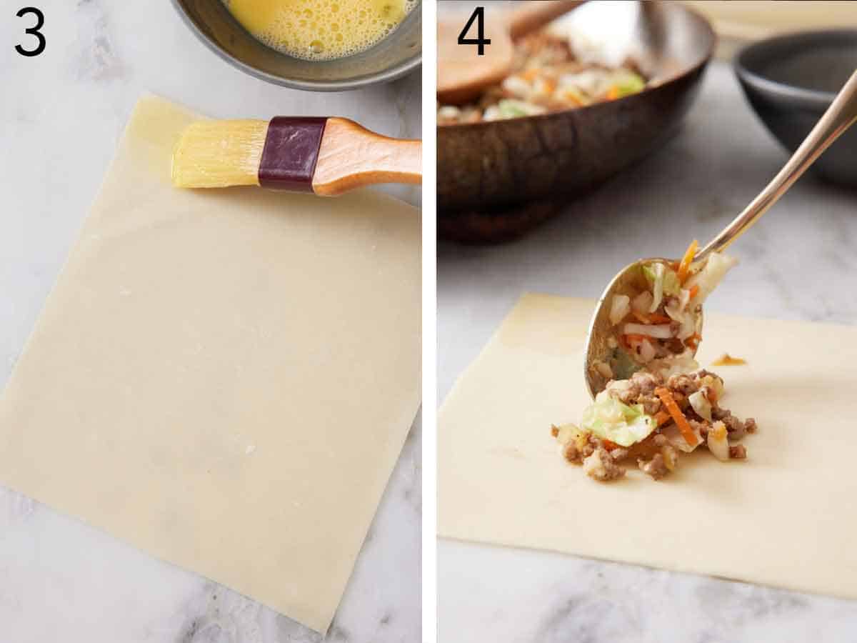 Set of two photos showing egg roll wrappers brushed with egg and filling spooned in.