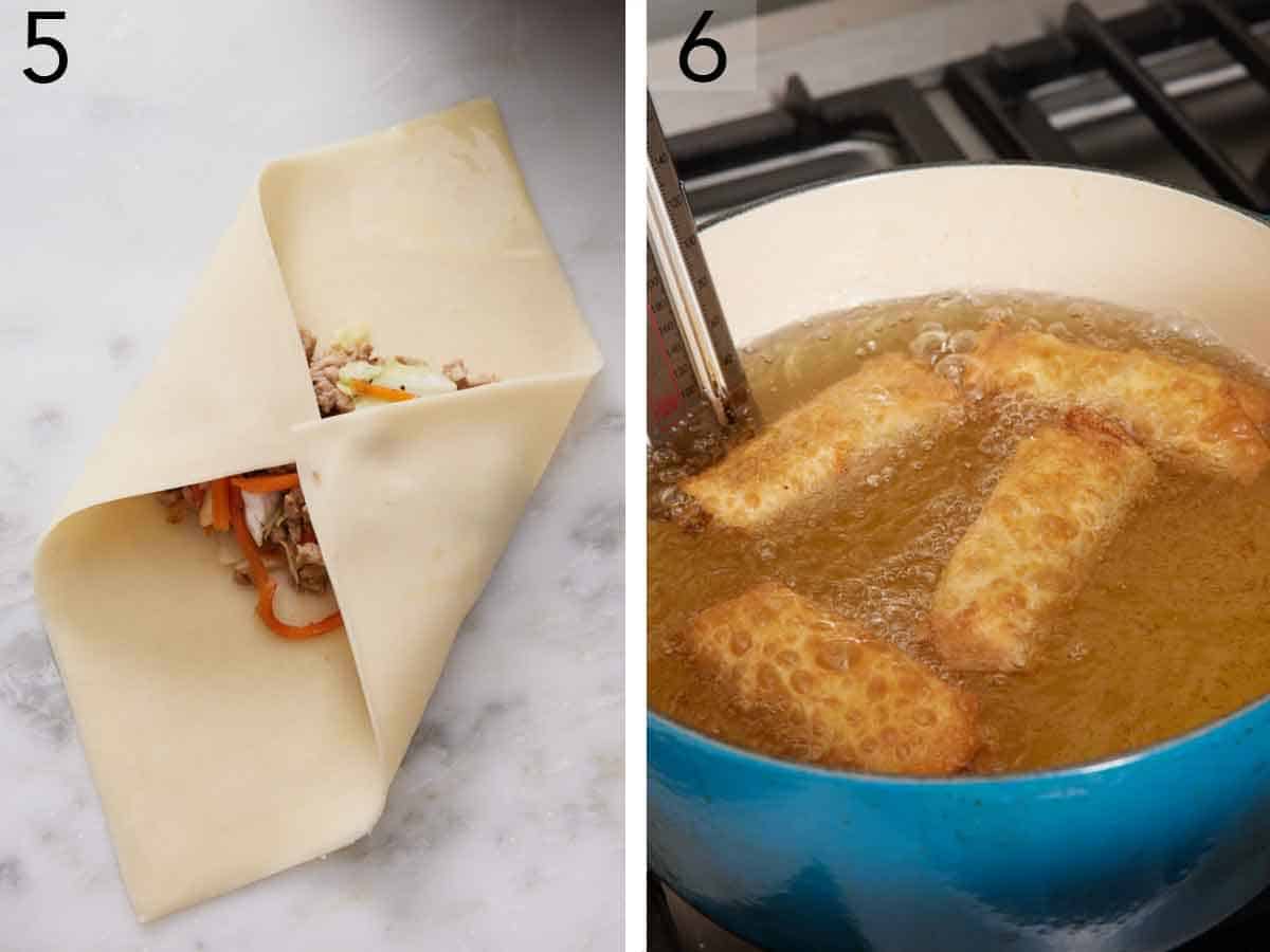 Set of two photos showing wrapper folded over the filling and deep fried.