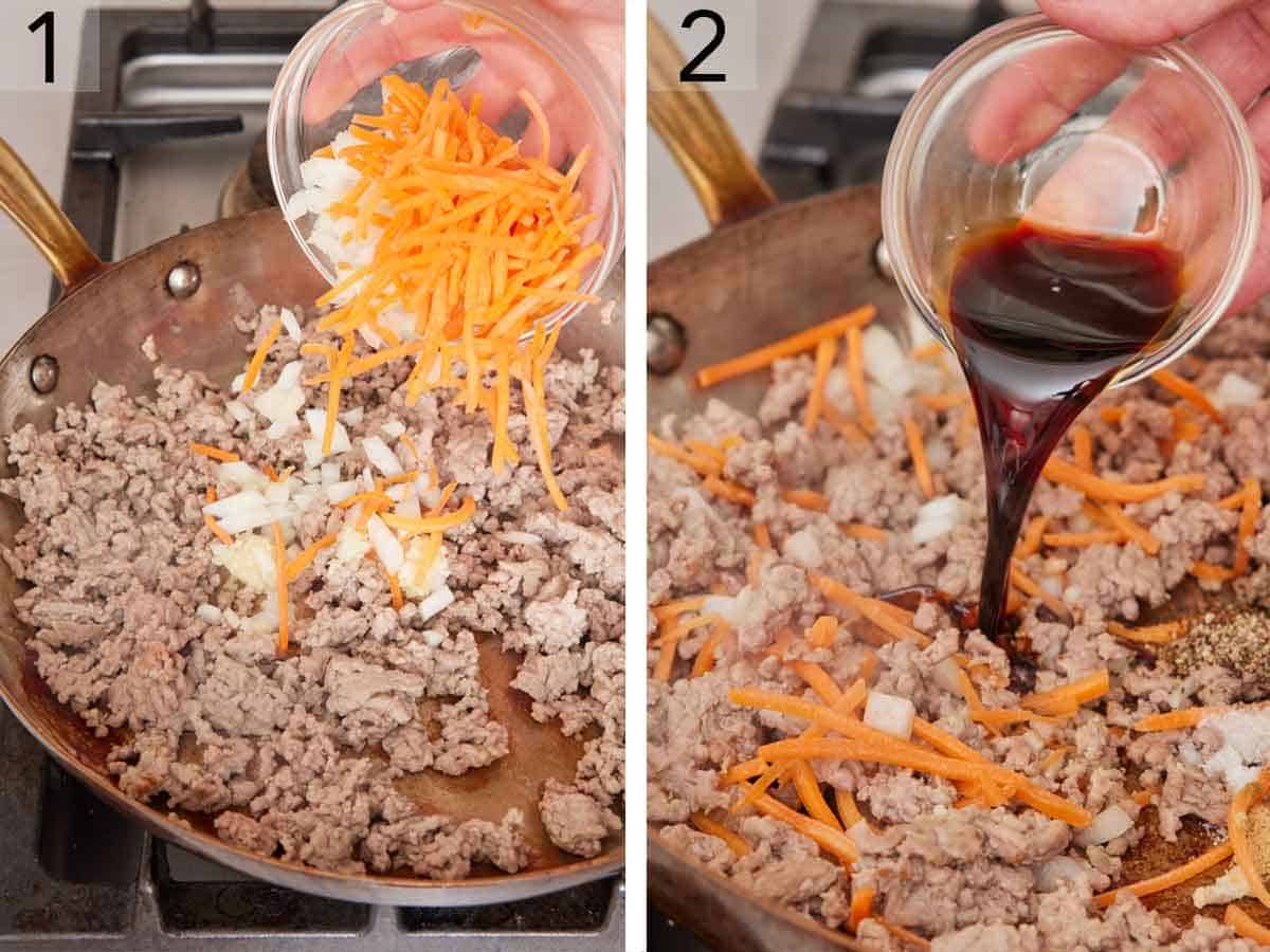 Set of two photos showing carrots and cabbage added to a skillet of cooked pork and soy sauce added.