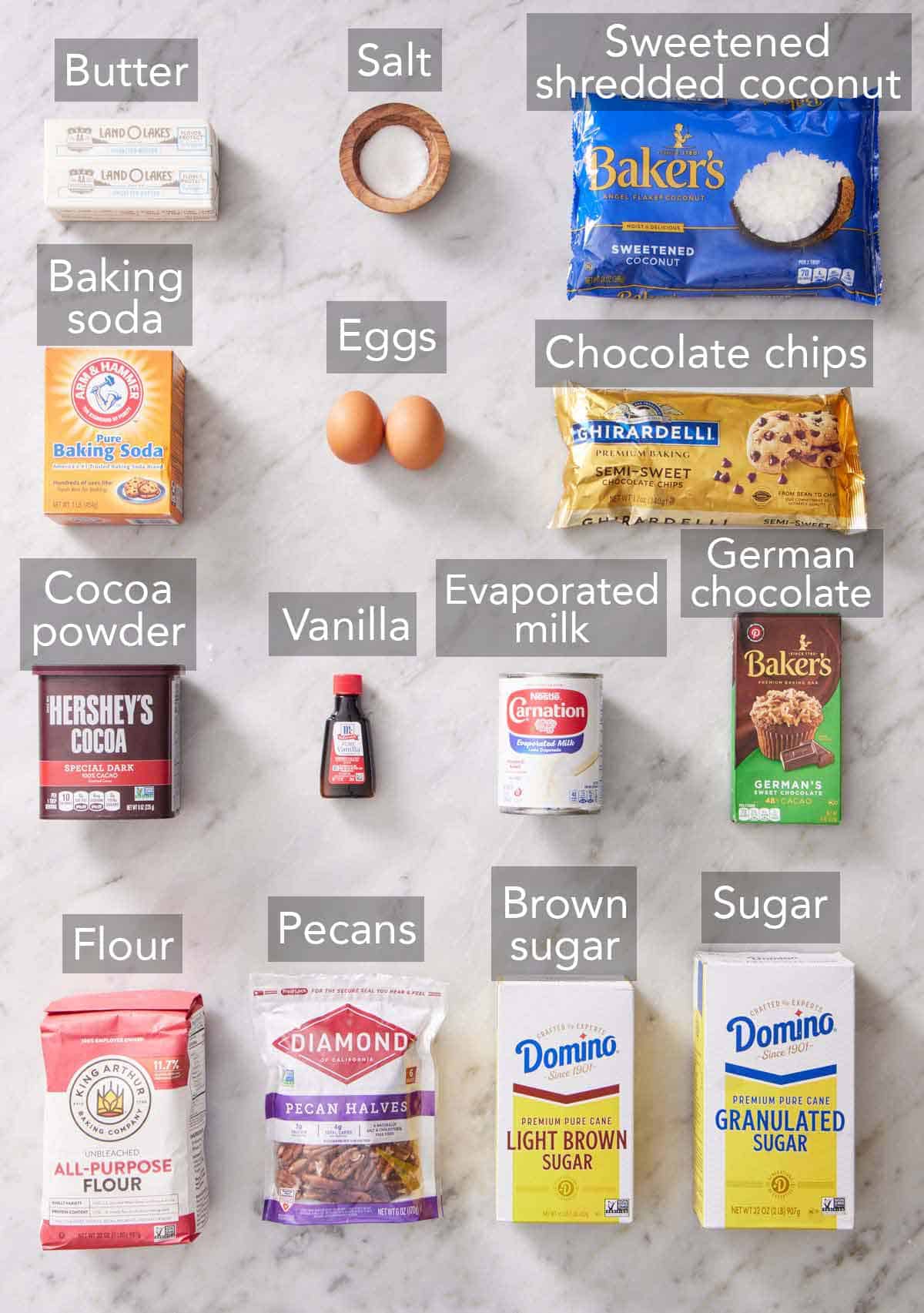 Ingredients needed to make German chocolate cookies.