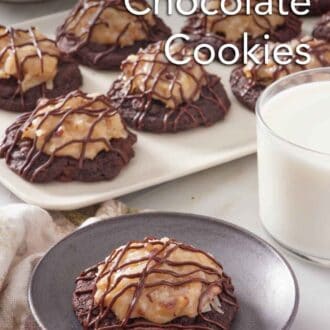 Pinterest graphic of a plate with a German chocolate cookie. A platter with more cookies and a glass of milk in the back.