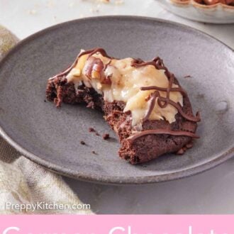 Pinterest graphic of a plate with a German chocolate cookie with a bite taken out of it.