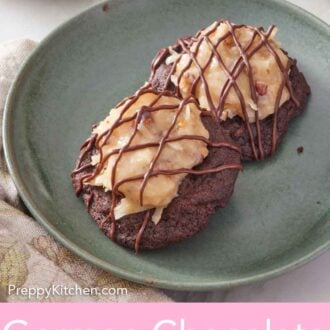 Pinterest graphic of a plate with two German chocolate cookies.