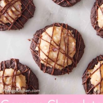 Pinterest graphic of German chocolate cookies on a marble surface.