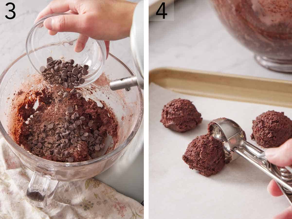 Set of two photos showing chocolate chips added to the batter and scooped onto a lined sheet pan.