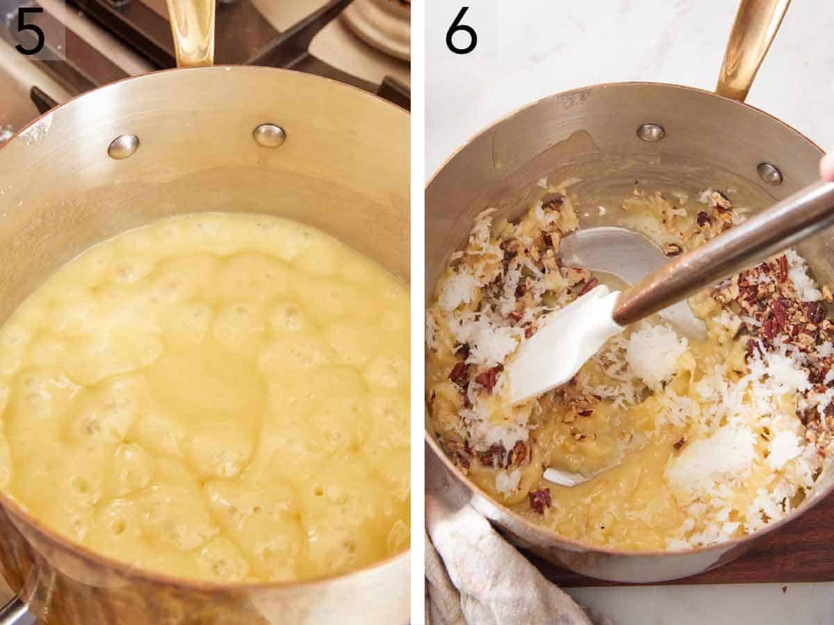 Set of two photos showing sugar, evaporated milk, and egg yolk cooked in a saucepan then pecans and shredded coconut added.