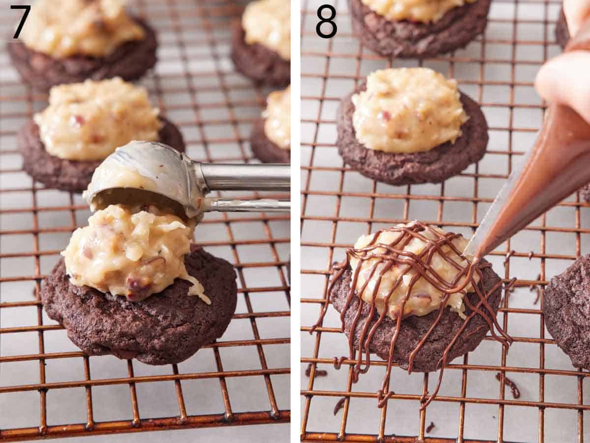 Set of two photos showing the coconut pecan frosting added on top of the chocolate cookie and melted chocolate drizzled on top.