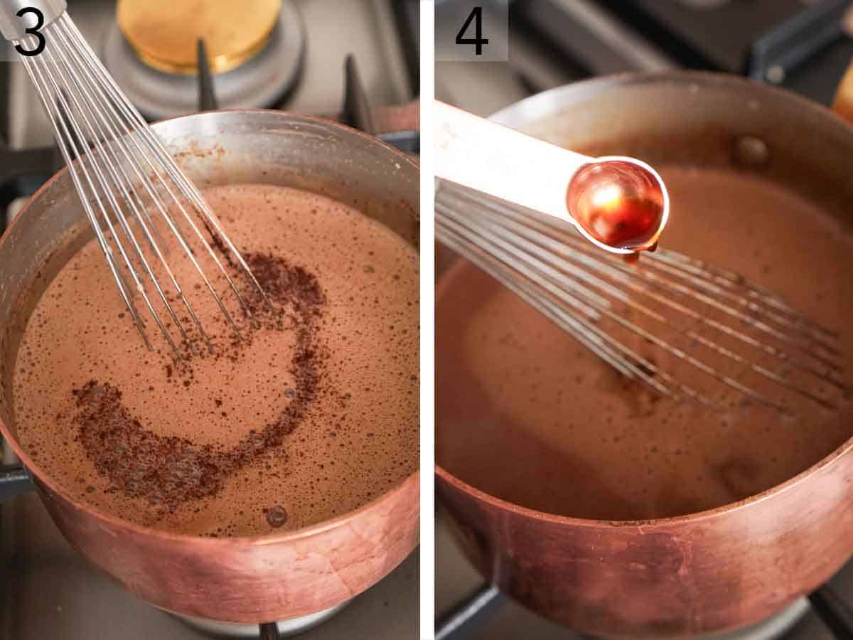 Set of two photos showing hot chocolate whisked and vanilla extract added.