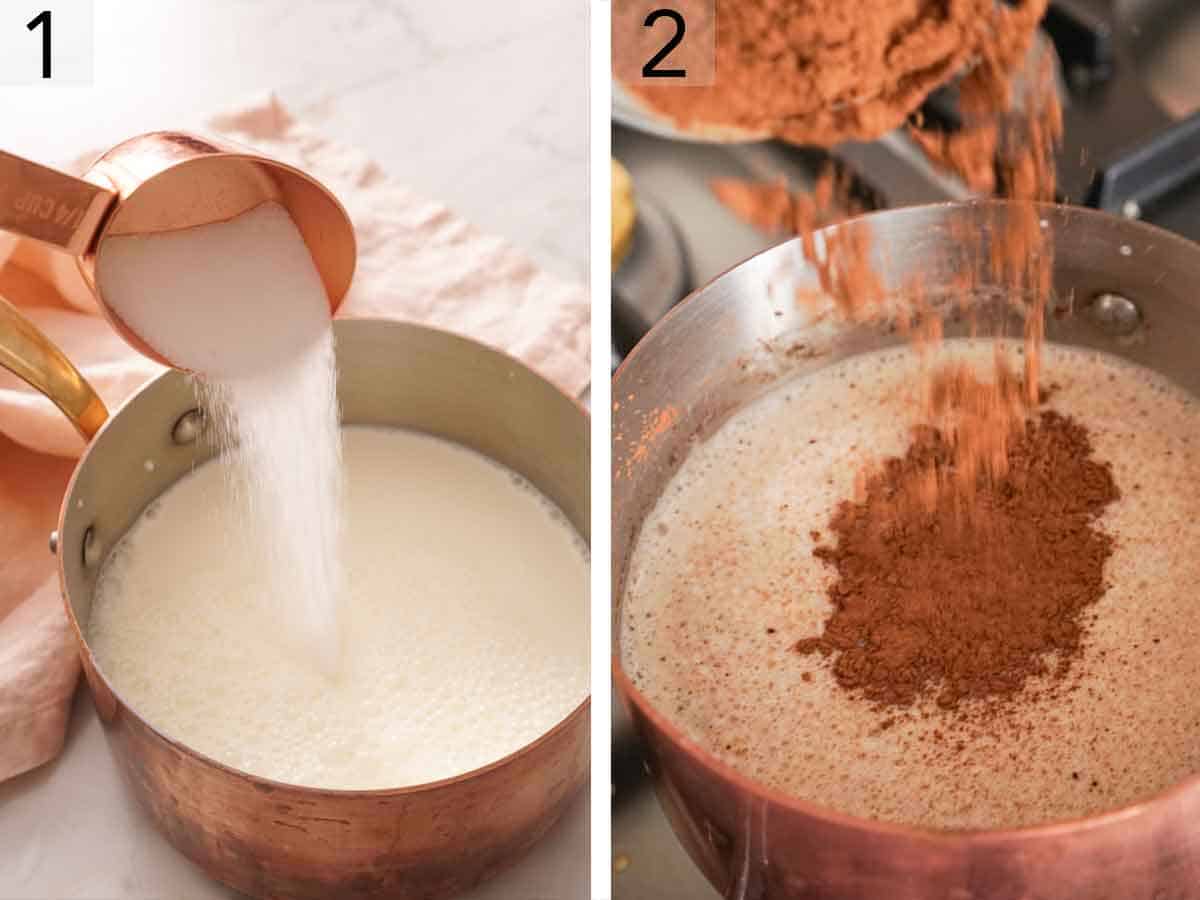 Set of two photos showing sugar added to a pot of milk and cocoa powder added.