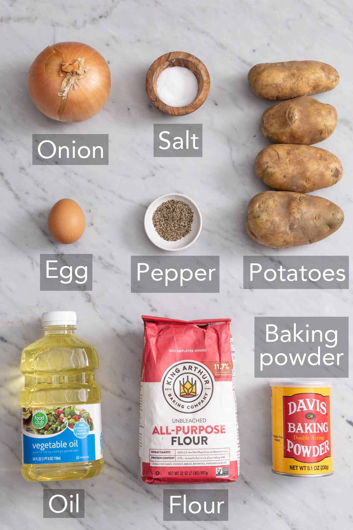 Ingredients needed to make crispy potato latkes.