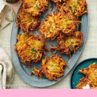 Pinterest graphic of an overhead view of multiple crispy potato latkes on an oval platter.