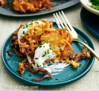 Pinterest graphic of a plate with potato latkes, partially eaten, with a fork.