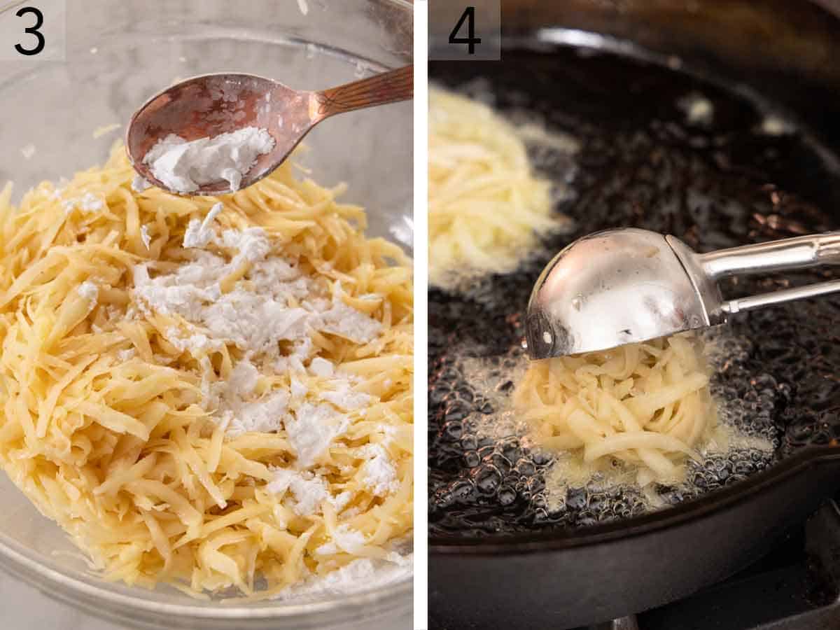 Set of two photos showing flour added to the grated potatoes and the mixture scooped in a skillet with oil.