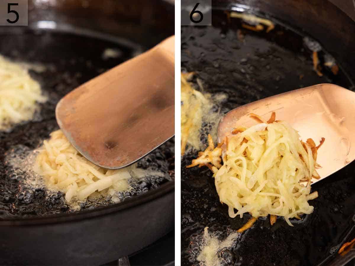 Set of two photos showing the potato mixture pressed down and then flipped in the skillet.