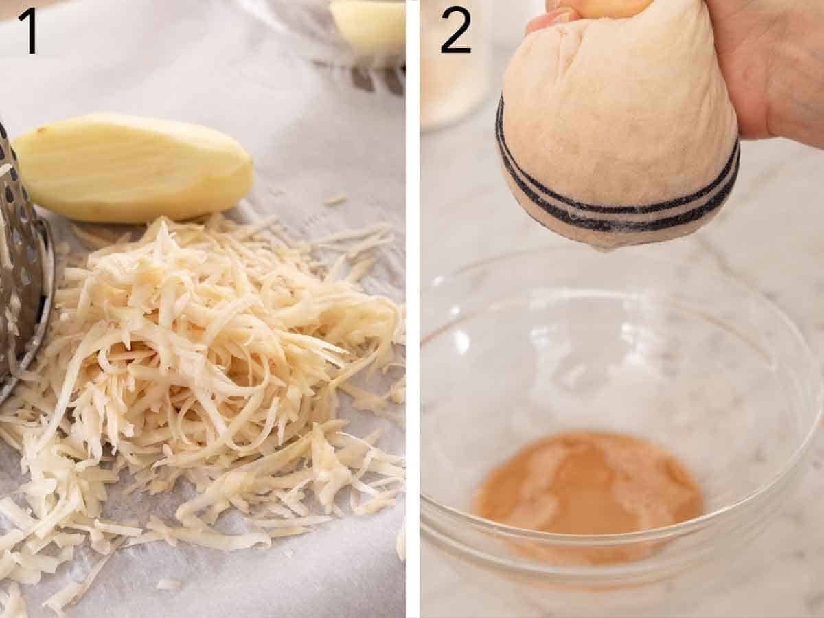 Set of two photos showing potatoes grated and liquid squeezed out with a cheesecloth.