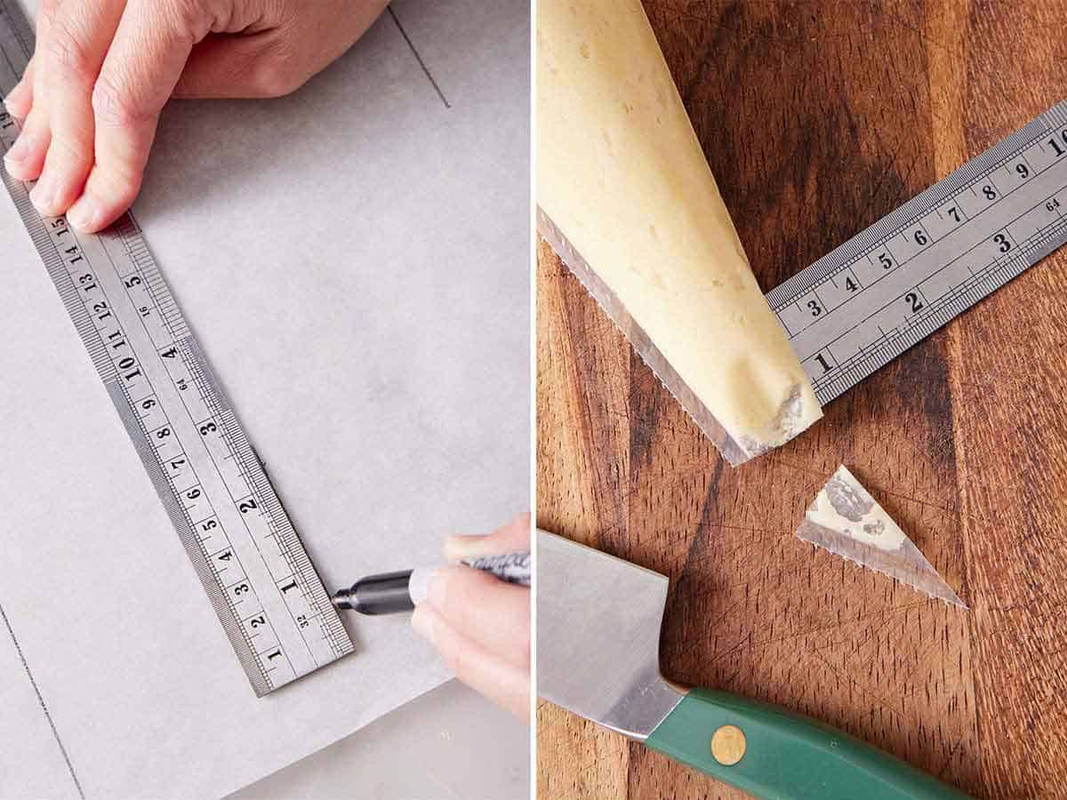 Set of two photos showing a marker drawing a straight line with a ruler and a ruler measuring the tip of a cut piping bag.