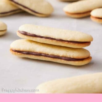 Pinterest graphic of two Milano cookies stacked on top of each other.