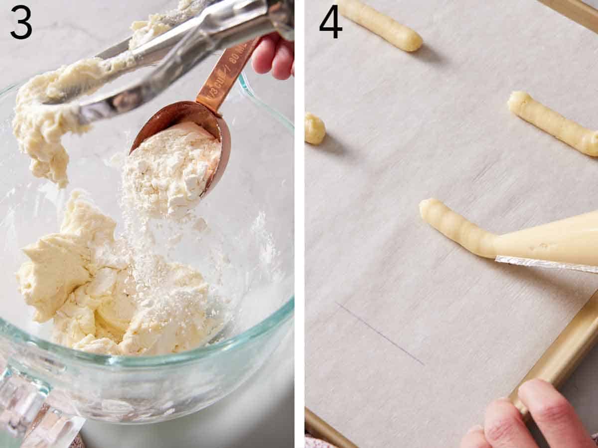 Set of two photos showing flour added to the mixer and batter piped onto a lined sheet pan.