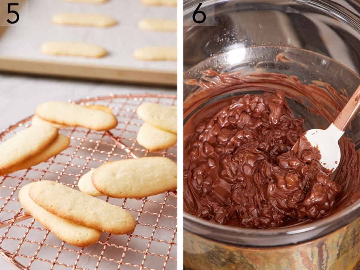 Set of two photos showing cookies placed on a cooling rack and chocolate melted in a bowl.