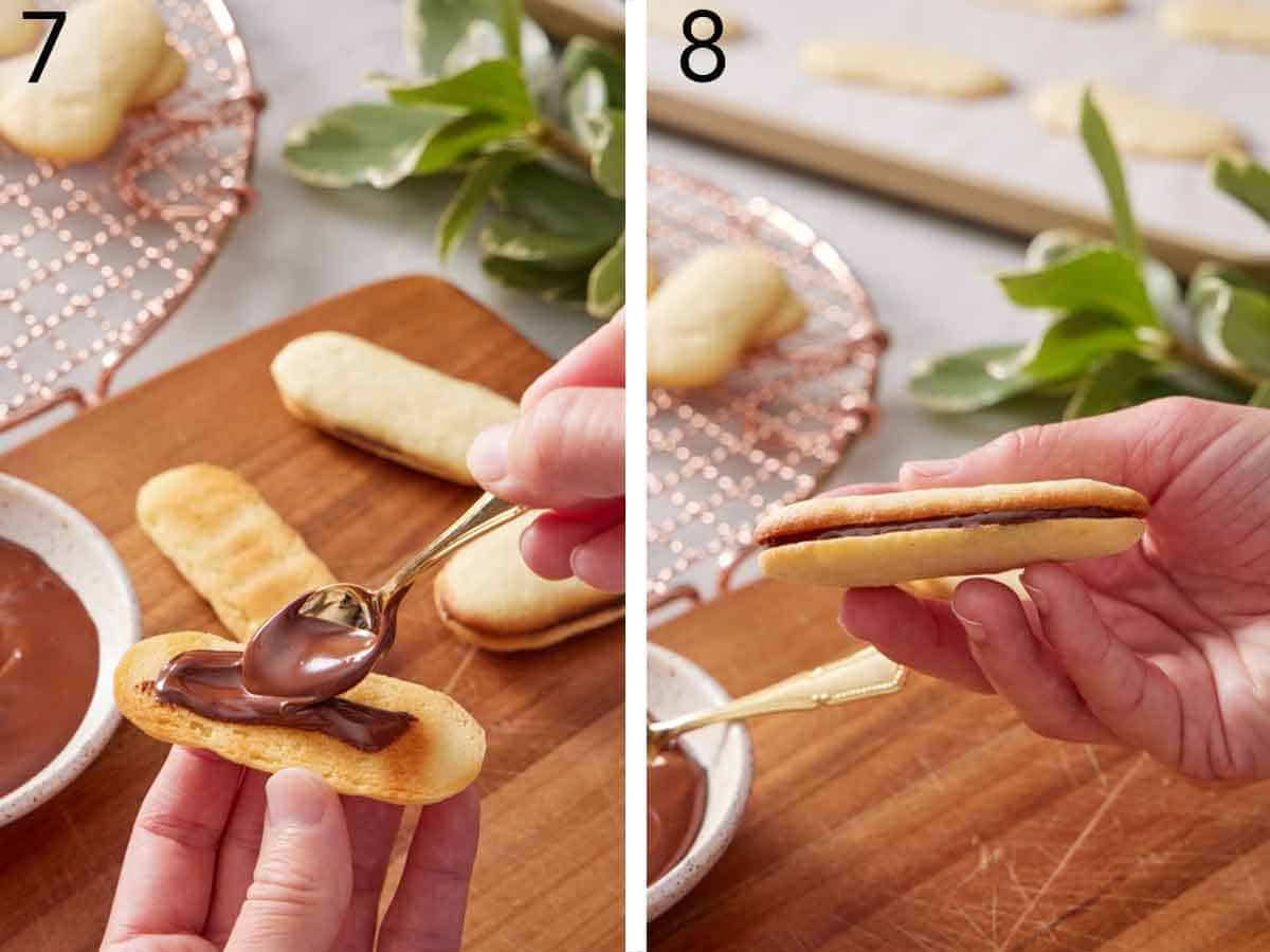 Set of two photos showing melted chocolate spooned into the cookie and sandwiched with another cookie.