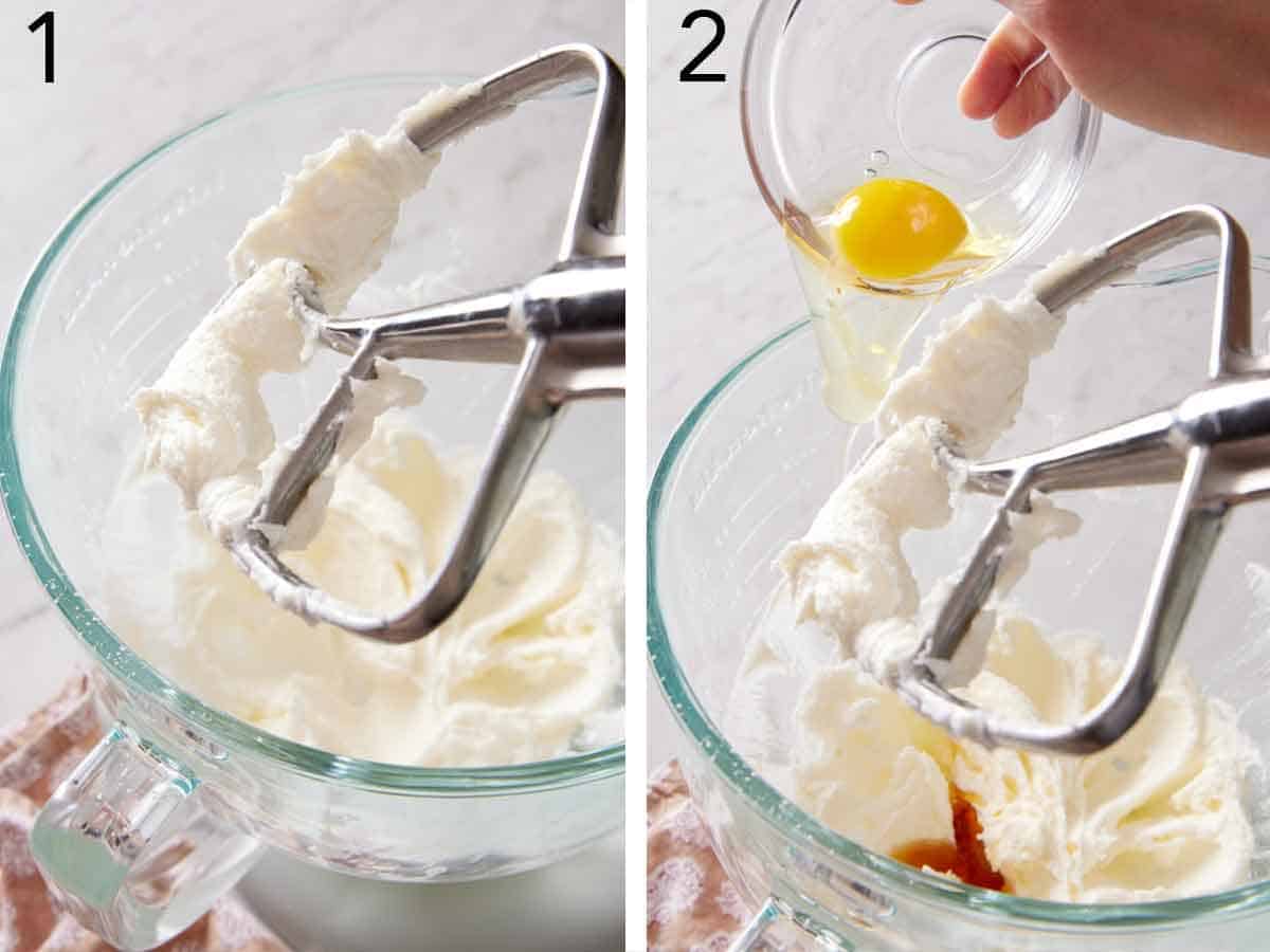 Set of two photos showing butter beated with sugars and then an egg added.