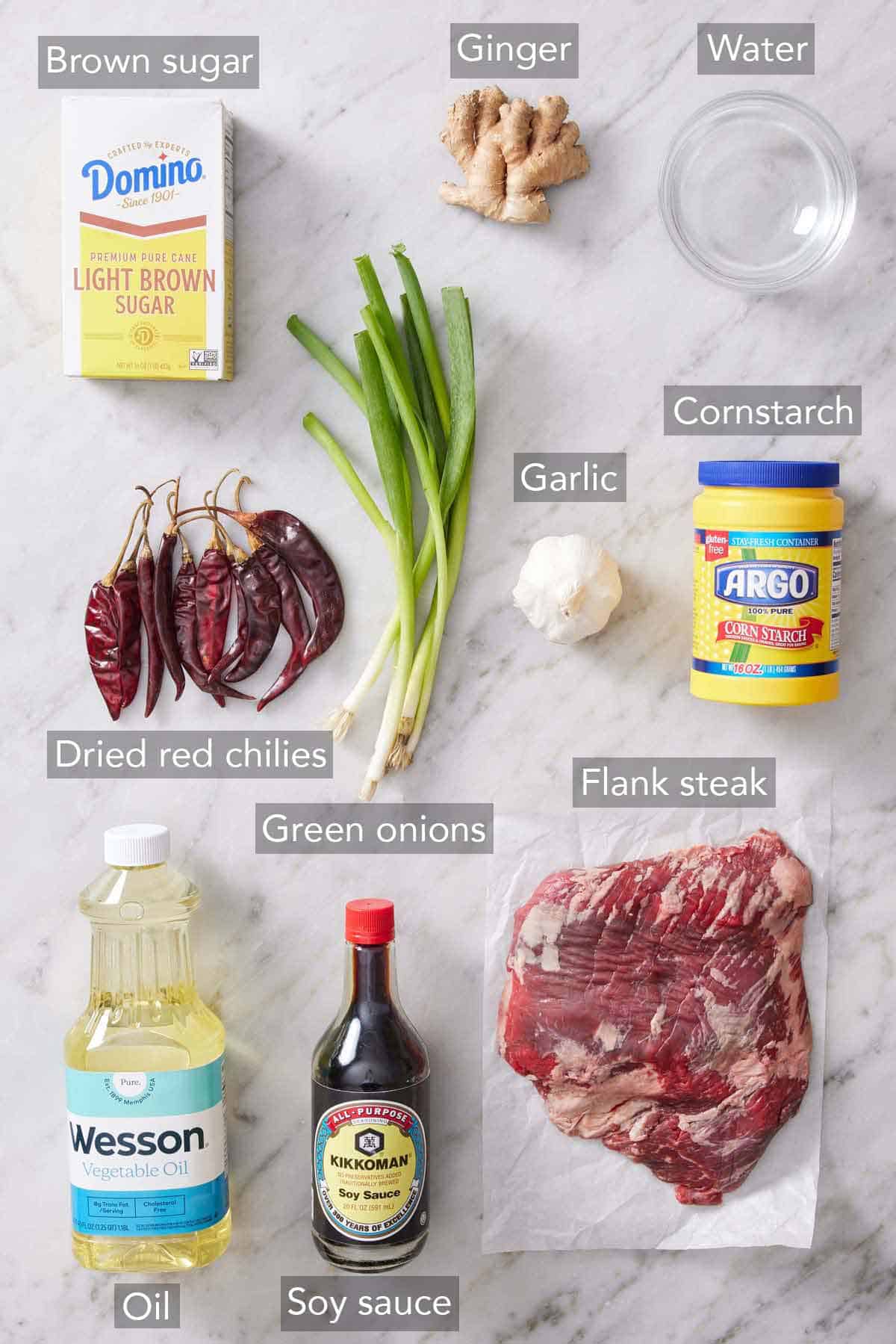 Ingredients needed to make Mongolian beef.