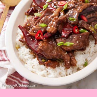 Pinterest graphic of a platter of Mongolian beef over rice.