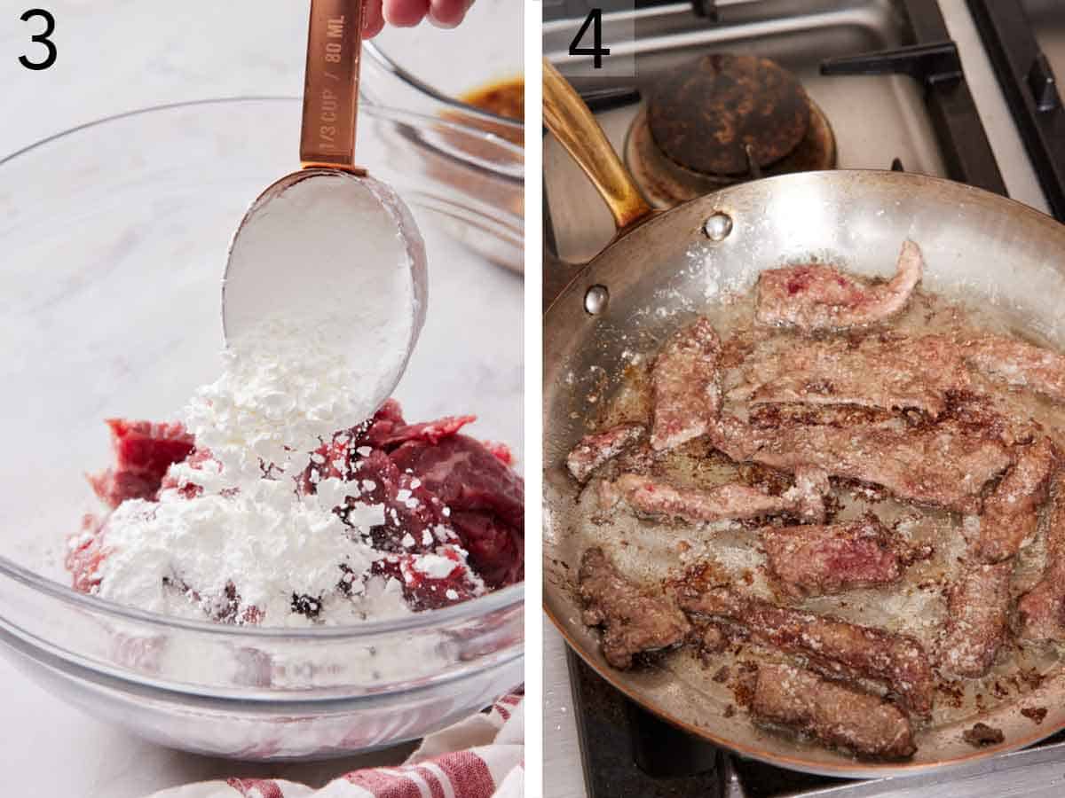 Set of two photos showing cornstarch added to the sliced steak and seared in a skillet.