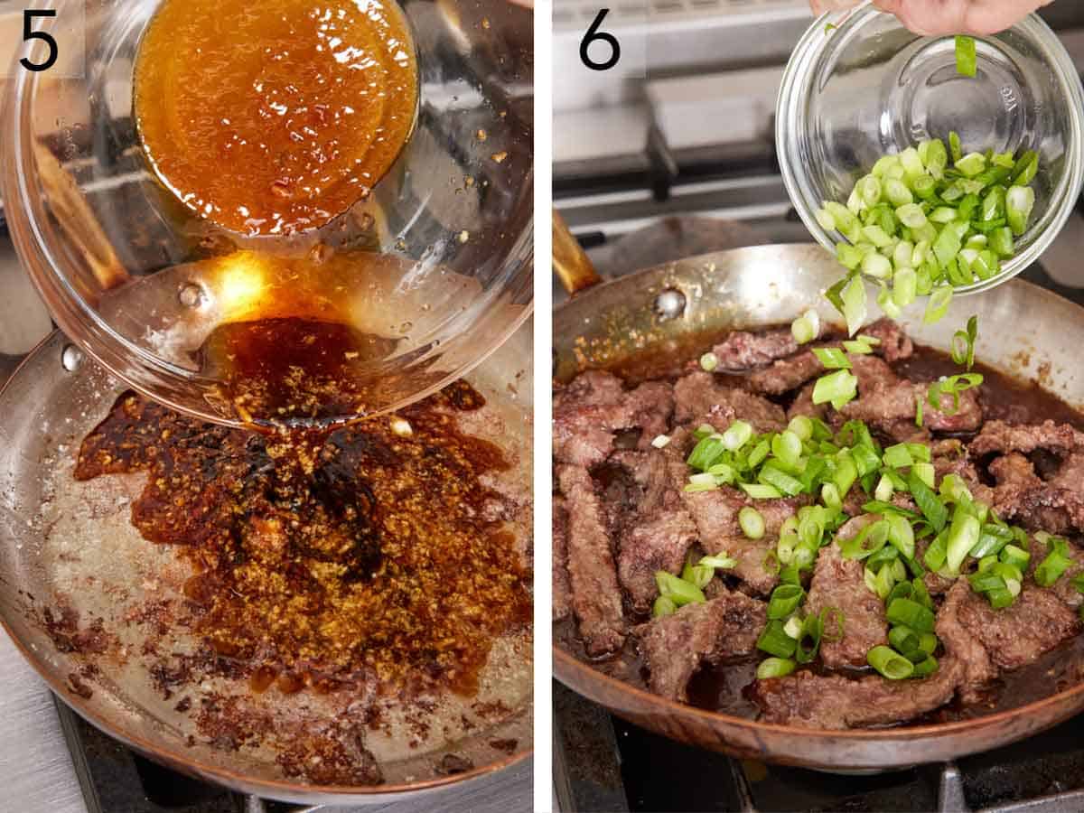 Set of two photos showing sauce poured into the skillet then the seared steak and green onions added.