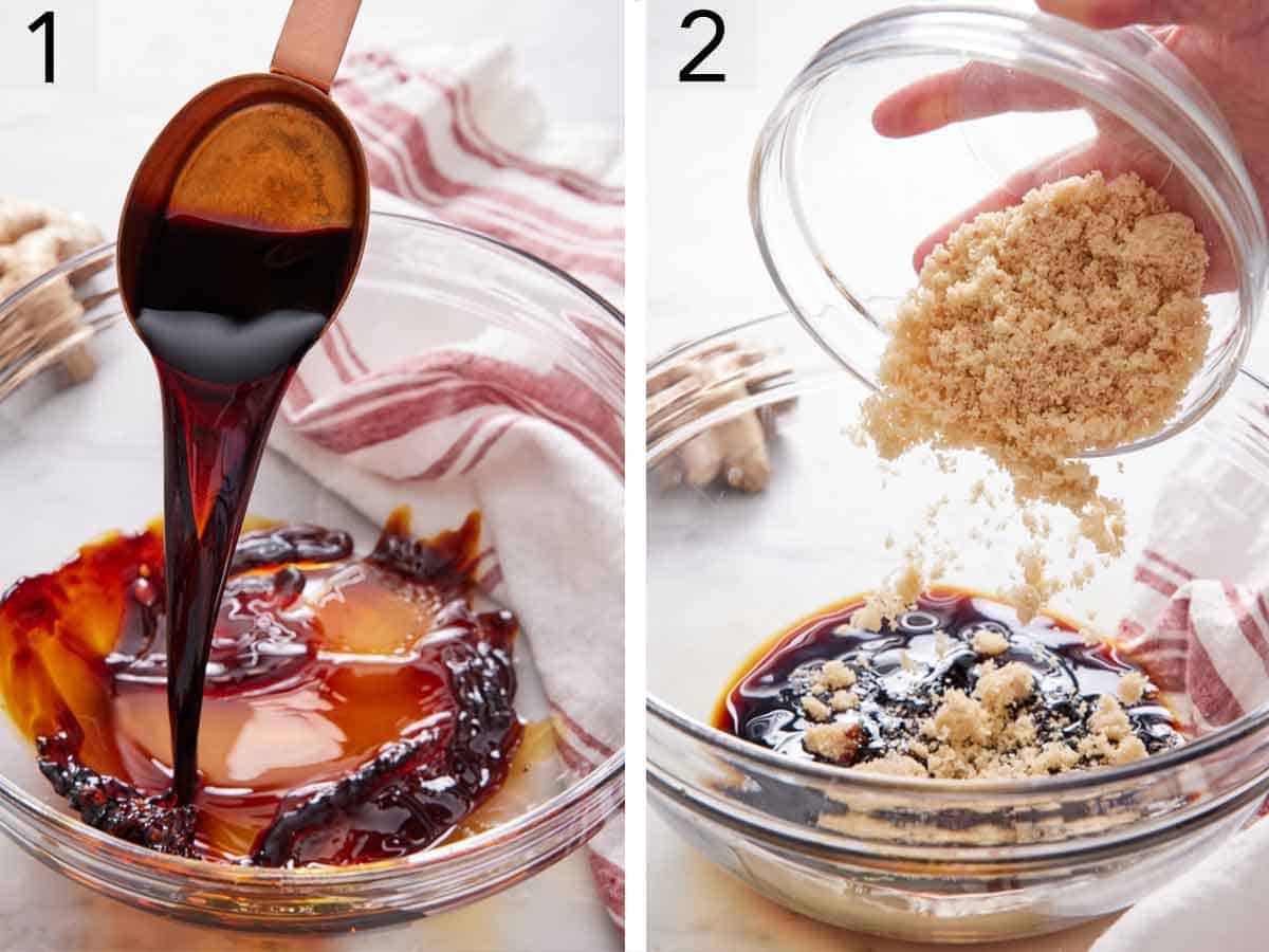 Set of two photos showing soy sauce and brown sugar added to a bowl.