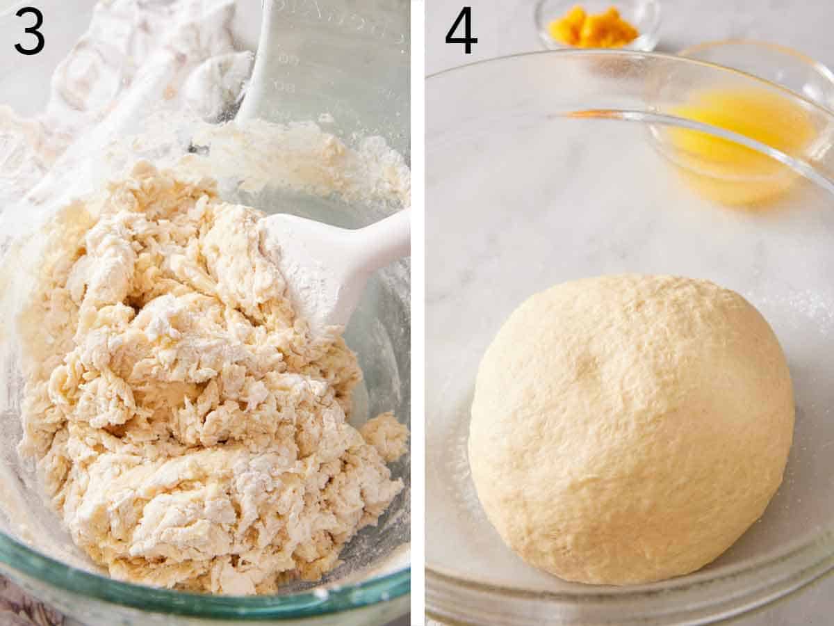 Set of two photos showing batter mixed and rolled into a ball.