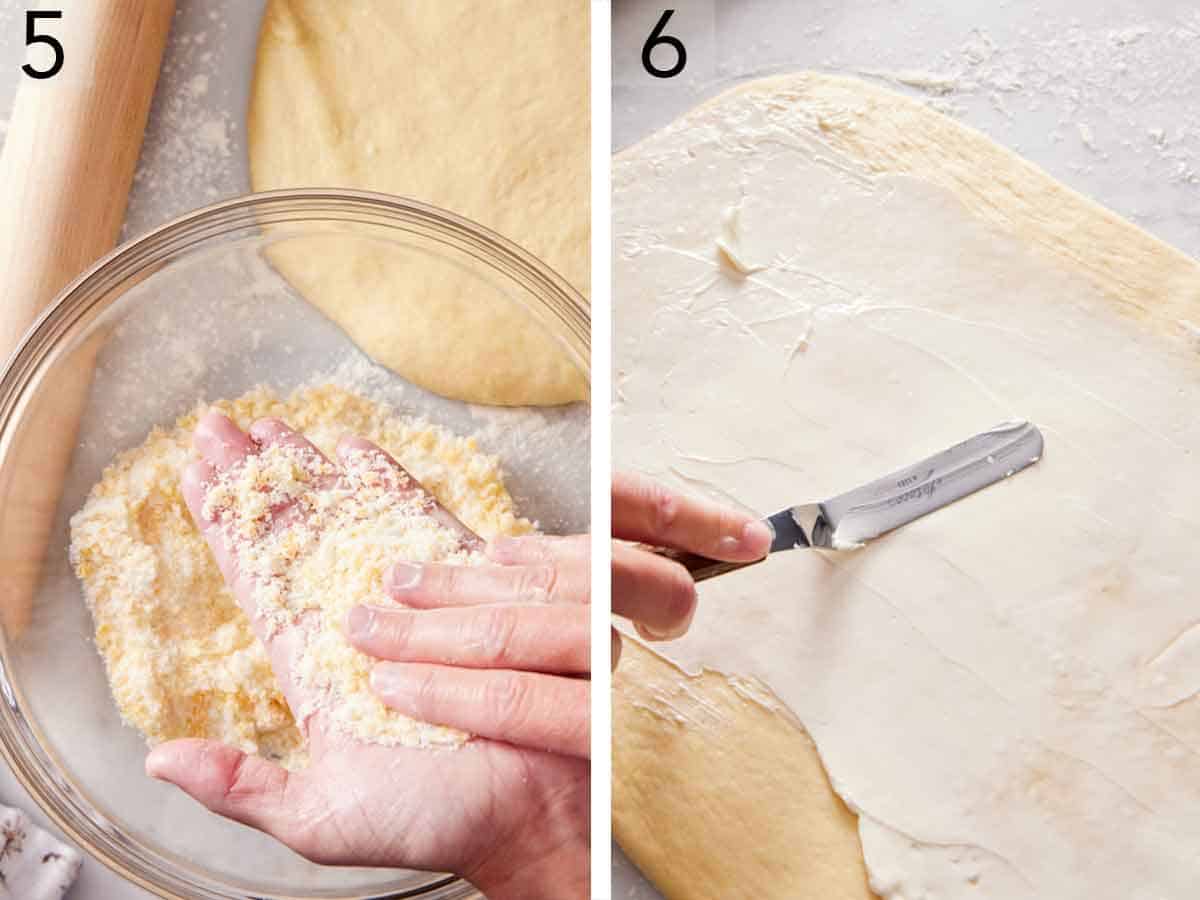 Set of two photos showing orange zest mixed into sugar and flour and butter spread onto the rolled dough.