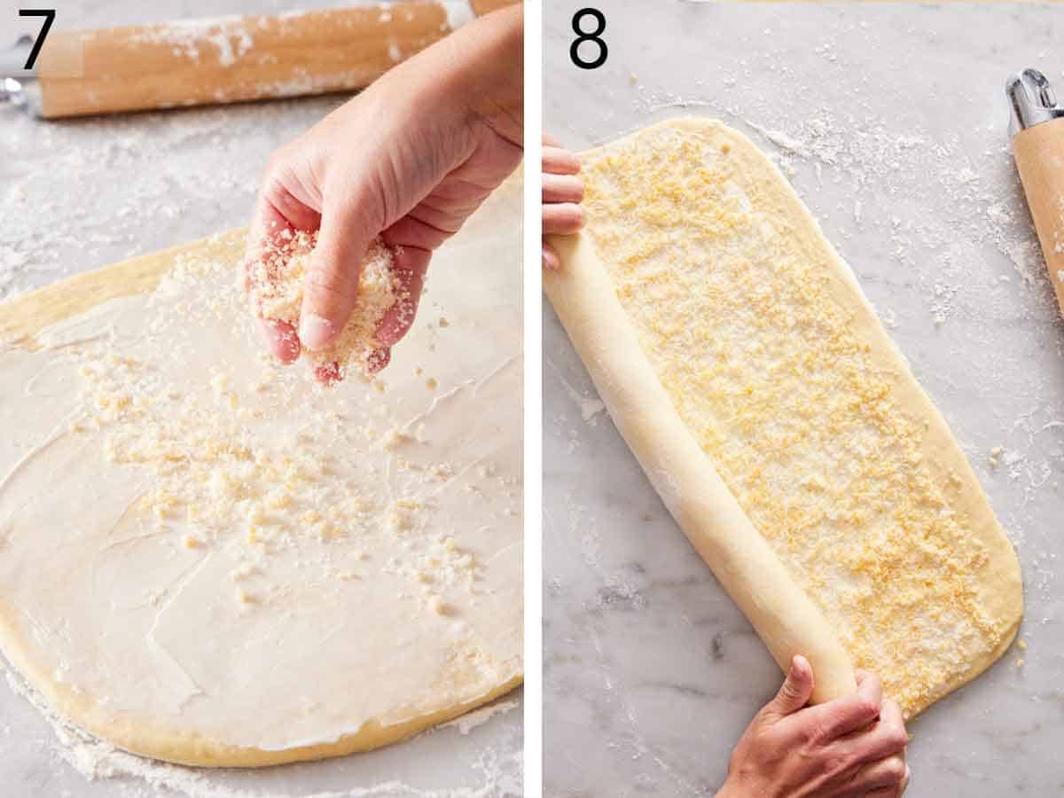 Set of two photos showing rolling sprinkled over the buttered dough and rolled into a log.