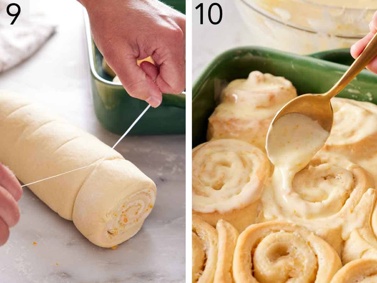 Set of two photos showing the dough cut with string and glaze spooned over baked orange rolls.