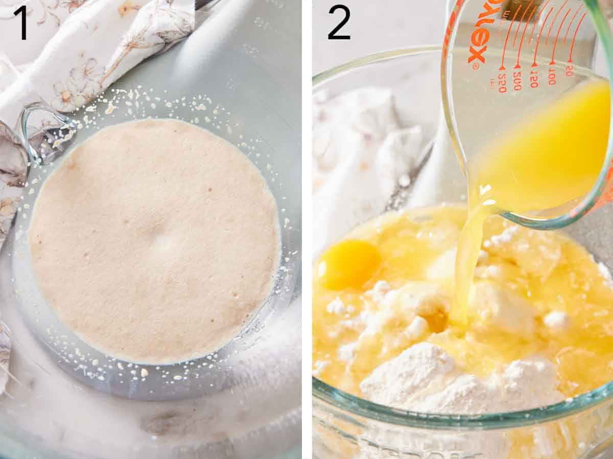 Set of two photos showing yeast bloomed in a bowl and orange juice poured into a bowl of flour.