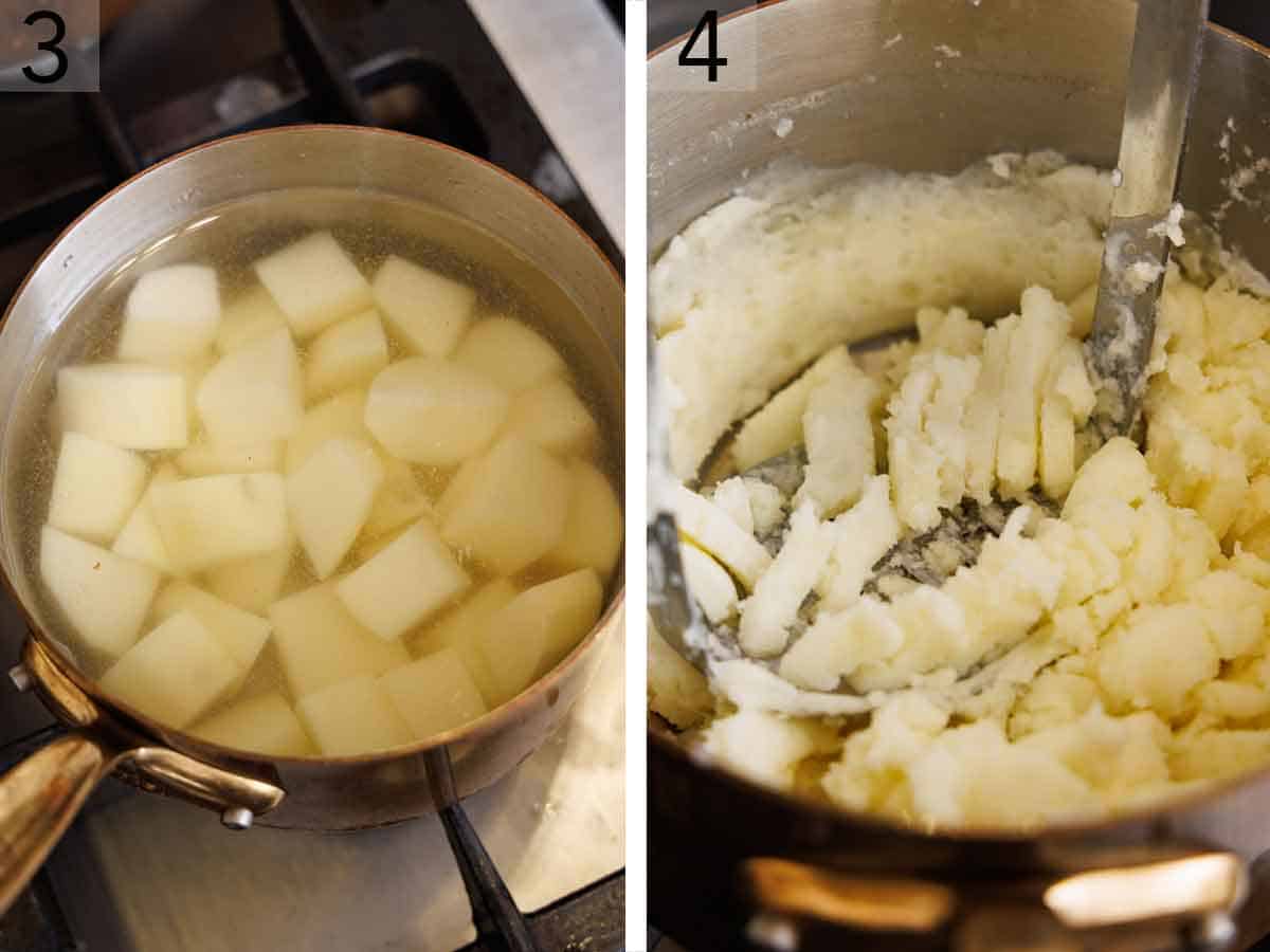 Set of two photos showing potatoes cooked in water and then mashed.