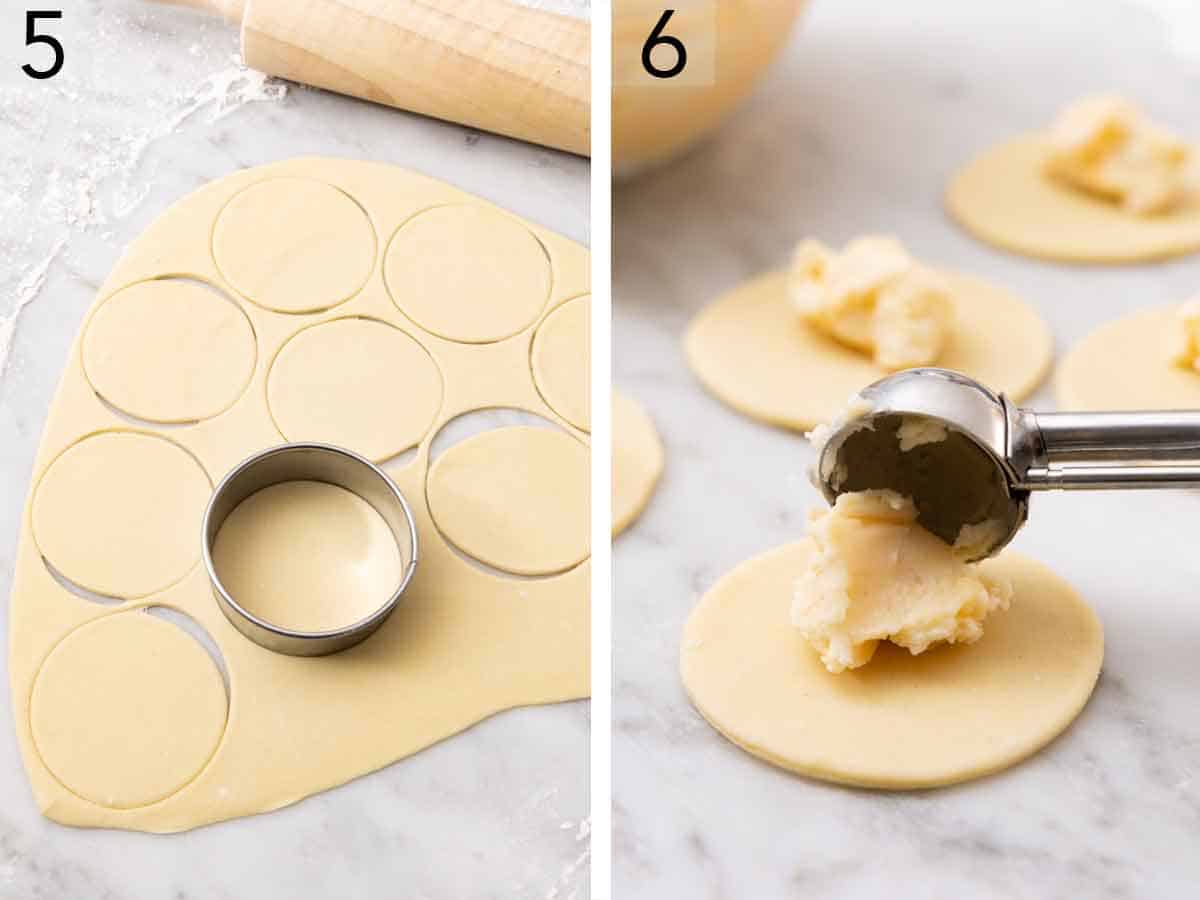 Set of two photos showing dough rolled and cut with a round cookie cutter and potato filling scooped into the circle.