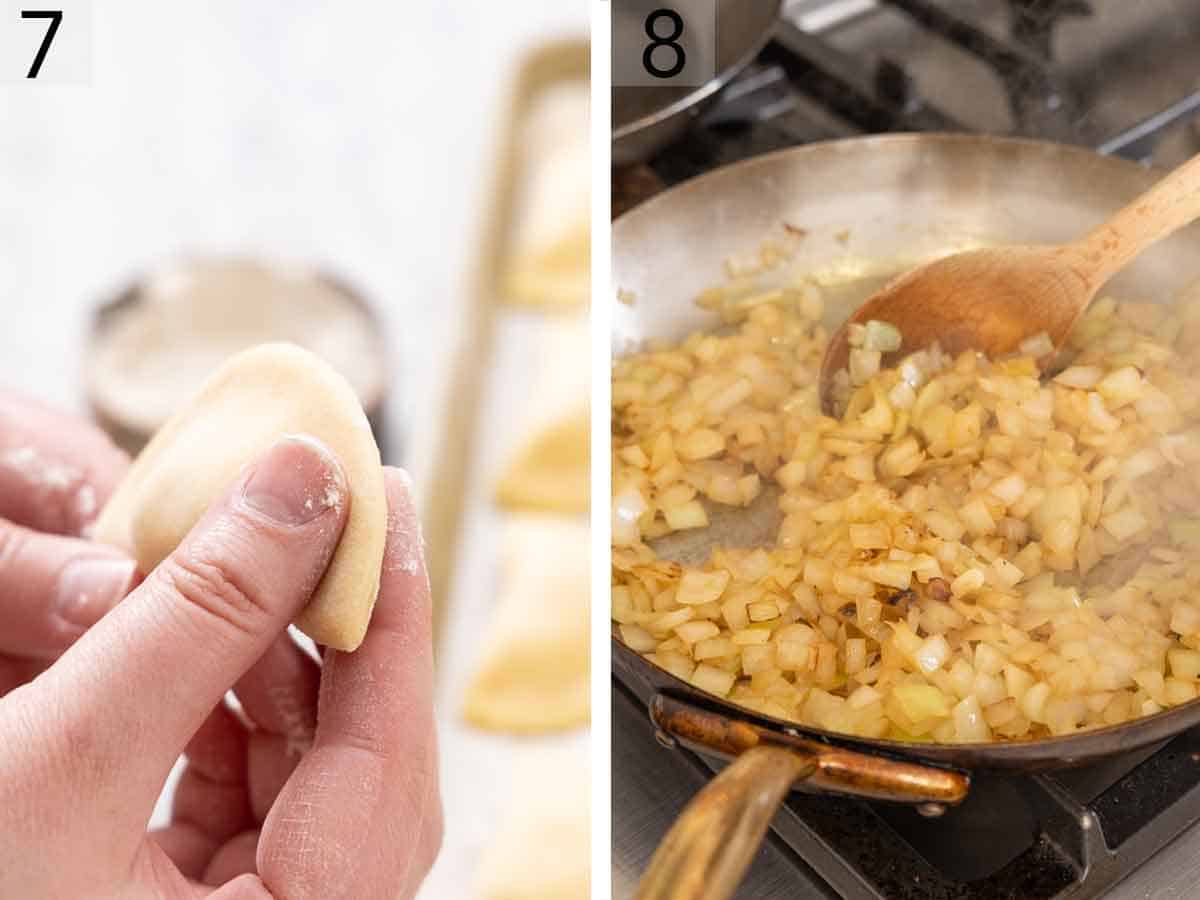 Set of two photos showing the edge of the pierogi sealed and onions cooked in a skillet.