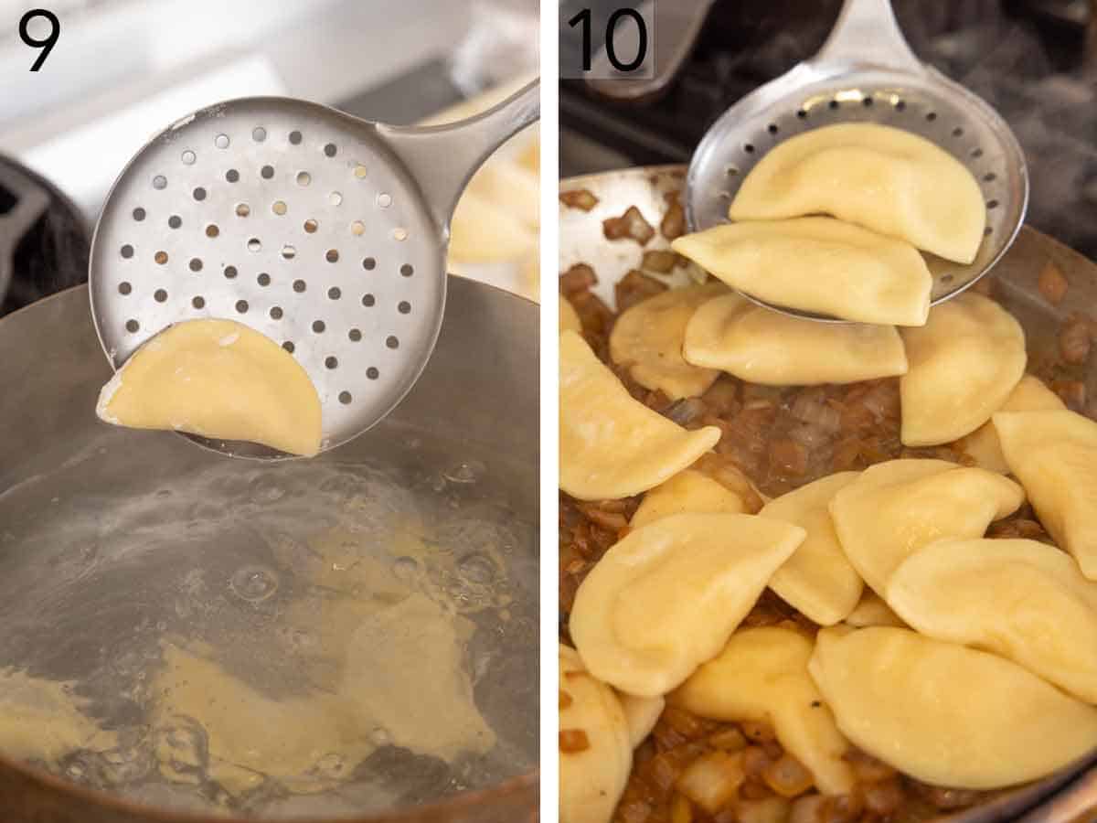 Set of two photos showing pierogi added to a pot of boiling water and then cooked with onions in a skillet.