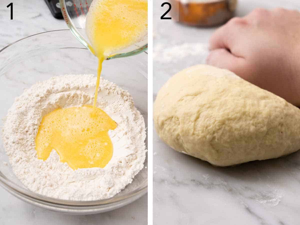 Set of two photos showing beaten egg added to a bowl of flour and dough knead.