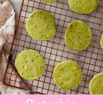 Pinterest graphic of pistachio matcha cookies on a wire cooling rack.