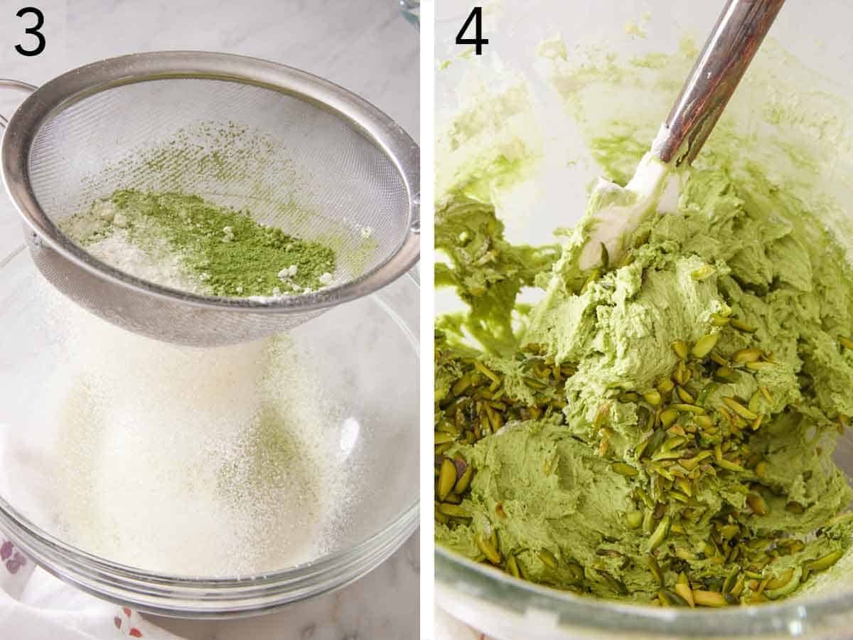 Set of two photos showing dry ingredients sifte and batter mixed.