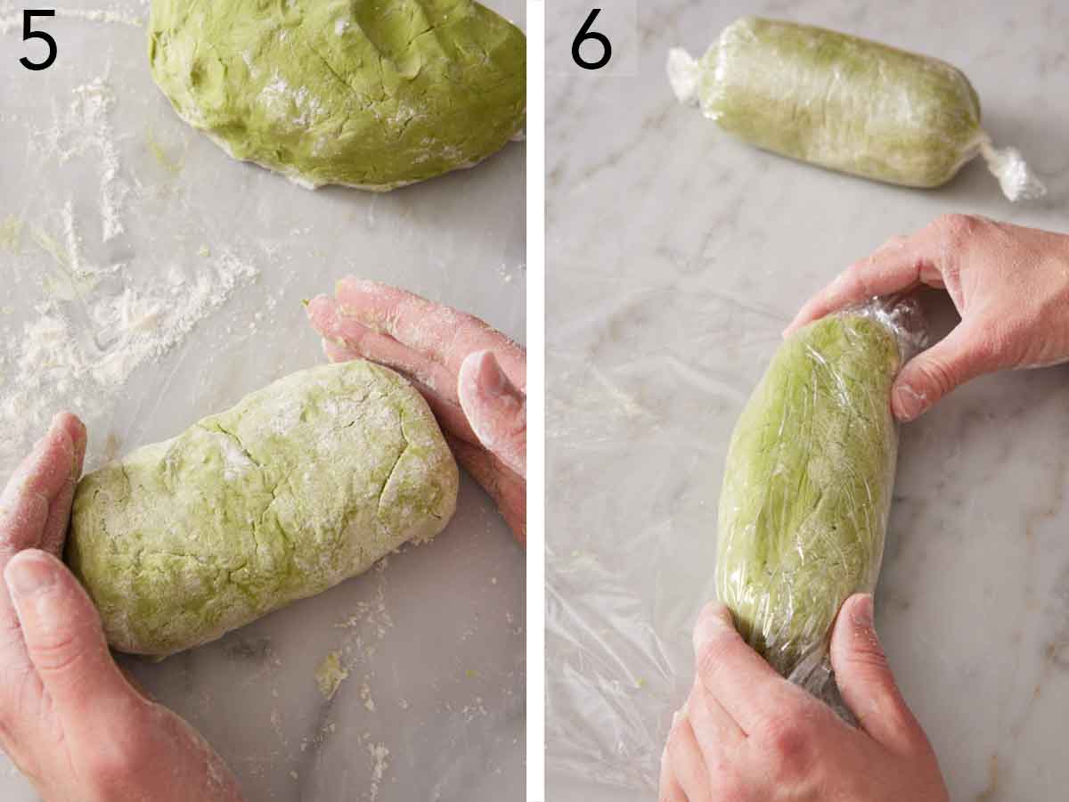 Set of two photos showing dough rolled into a log and wrapped in plastic.